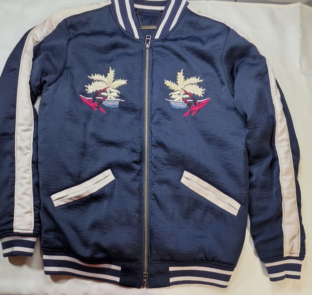 Capulet Navy Blue Embroidered Bomber Jacket Size Small Zip Up Sku 0390